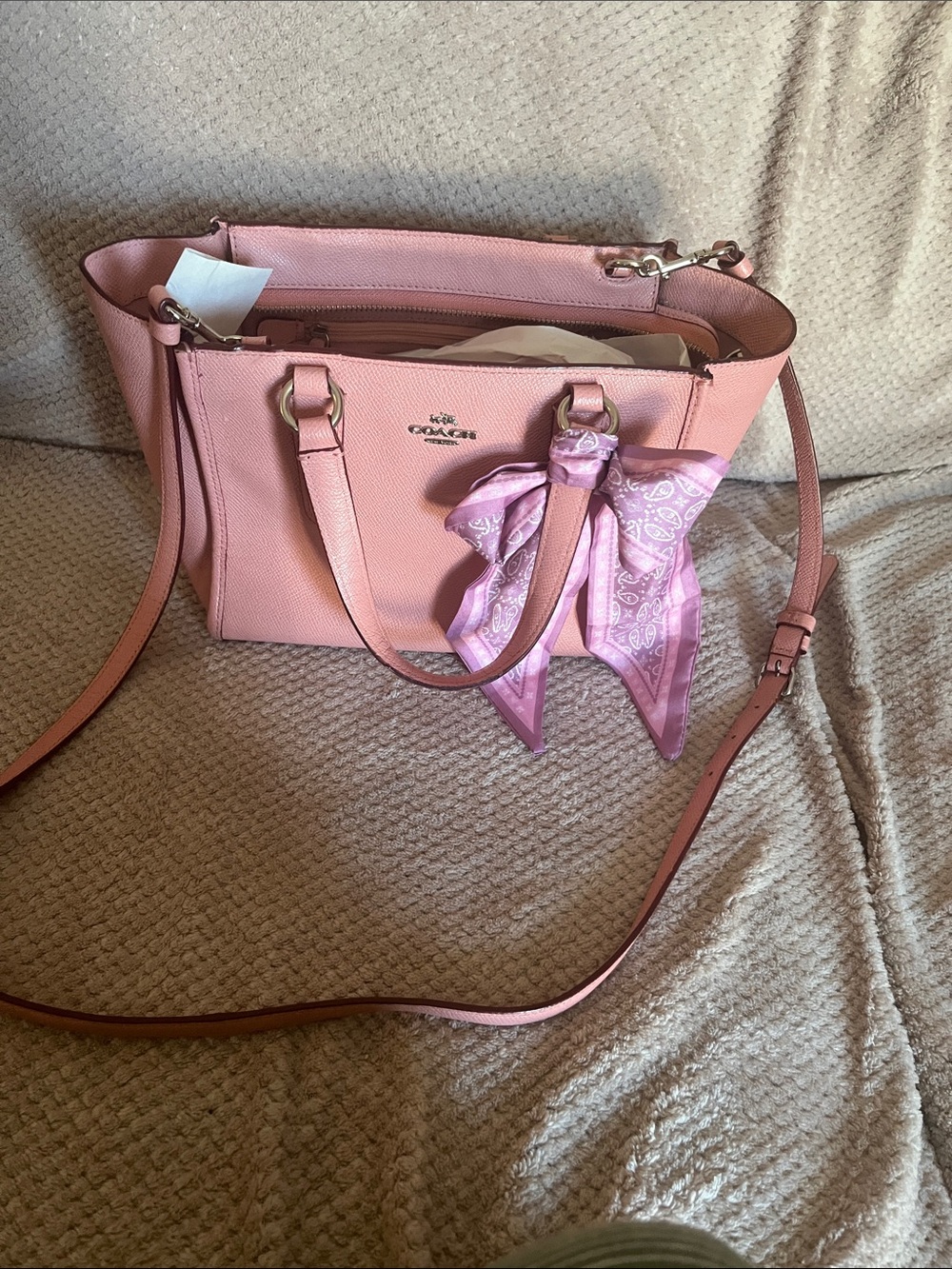 Coach Pink Leather Tote with Bow Scarf Accent
